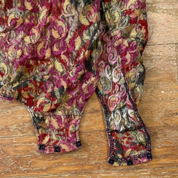 Vintage Stretch Lace Bodysuit Size Large 90s Victorias Secret Sheer Red Gold Pu - Picture 4 of 5